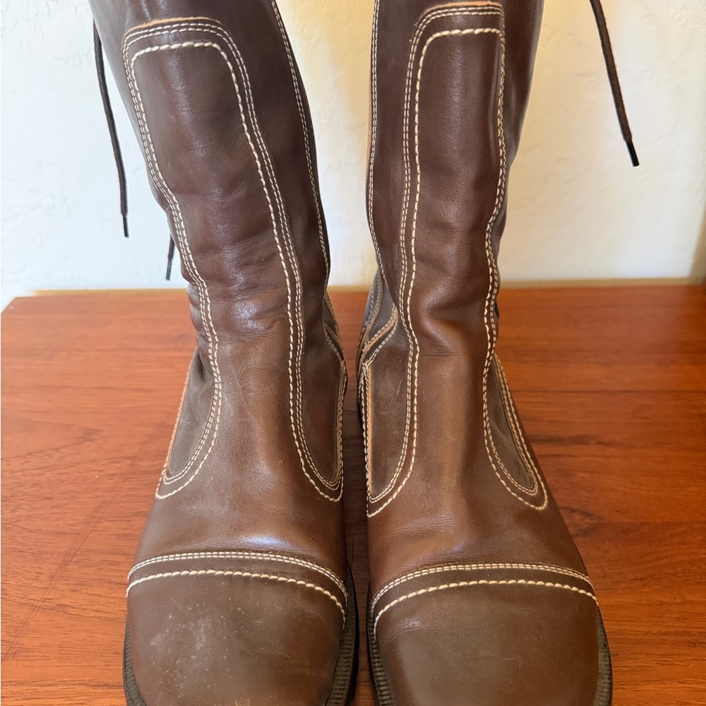 Donald J. Pliner Brown Leather Mid-Calf Boots with Contrast White Stitching